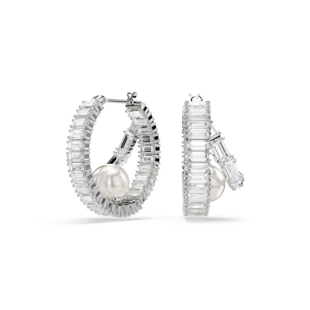 Swarovski Boucles D'Oreilles<Anneaux d'oreilles Ariana Grande x , Crystal Pearl, Taille baguette, Blanches, Métal rhodié