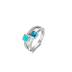 Ti Sento Bague<Bague - 12326DB Rhodié Multi Joncs Pierres Synthétiques Bleue Et Turquoise Argent