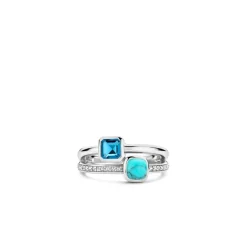 Ti Sento Bague<Bague - 12326DB Rhodié Multi Joncs Pierres Synthétiques Bleue Et Turquoise Argent