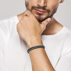 Maison de la Bijouterie Bracelet<Bracelet Homme acier cuir tressé noir 3ZYZY5YZ