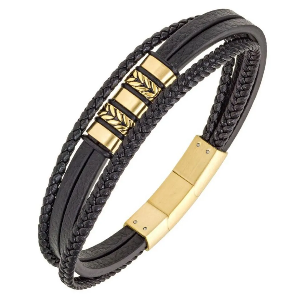 All Blacks Bijoux Bracelet<Bracelet Homme - 682333 Acier, Cuir Couleur Doré, Noir