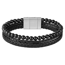 Boss Bijoux Bracelet<Bracelet Homme Sphere Mixed-1580786 Acier, Cuir Argent, Noir