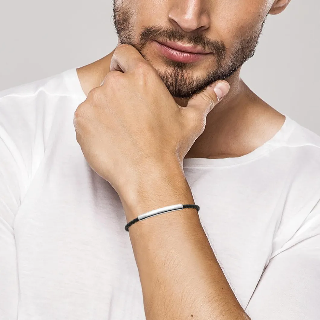 Maison de la Bijouterie Bracelet<Bracelet Homme plaque acier cuir tressé noir 3ZYZZUZU