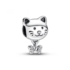 Pandora Charms<Charm argenté chat et nœud scintillant