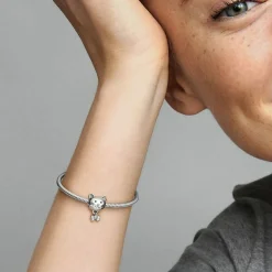 Pandora Charms<Charm argenté chat et nœud scintillant