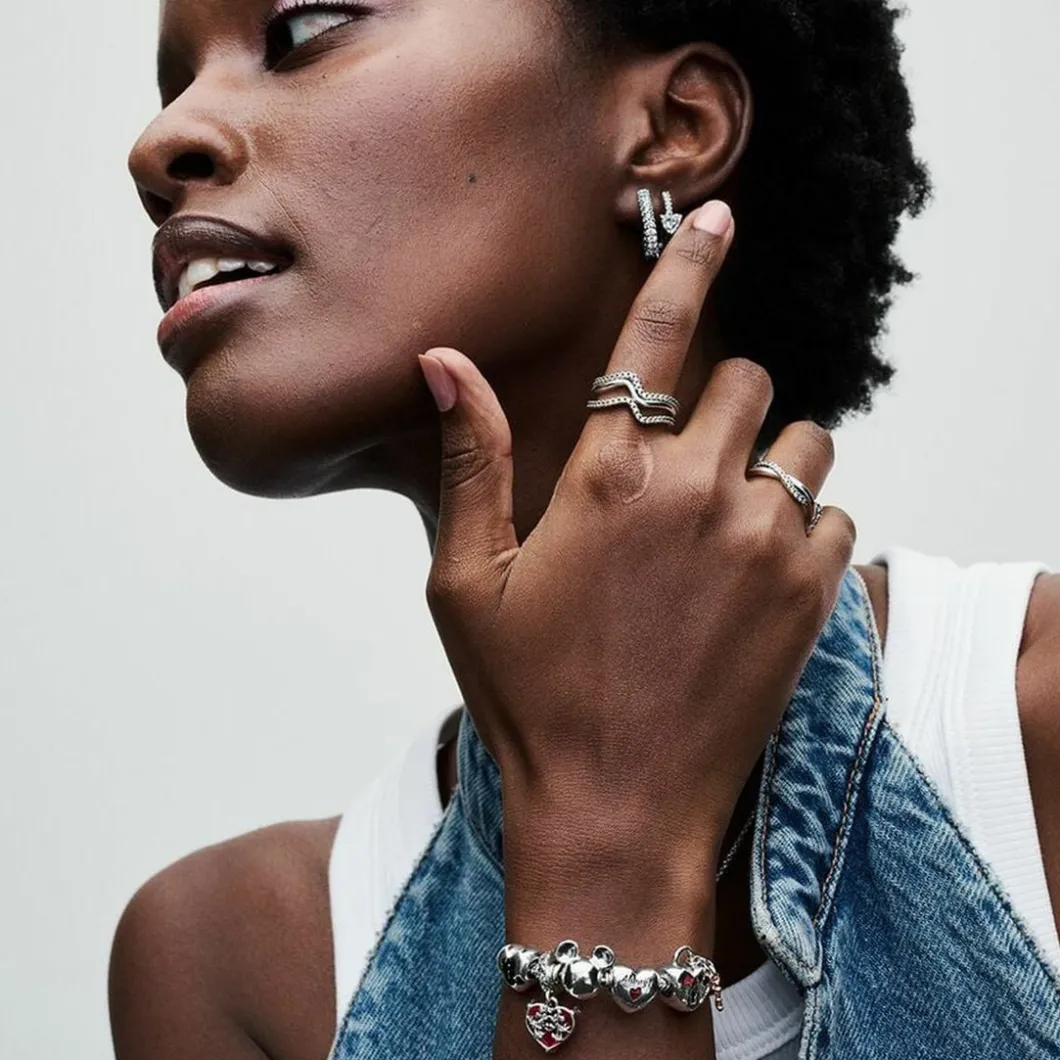 Pandora Charms<Charm Disney x Cadenas cœur Mickey & Minnie - Argent