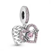 Pandora Charms<Charm Double Pendant Cœur gravé & Cœur Mum cristaux Rose Passions - Argent