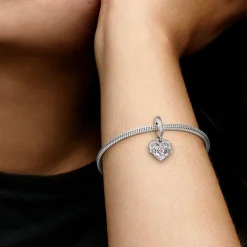 Pandora Charms<Charm Double Pendant Cœur gravé & Cœur Mum cristaux Rose Passions - Argent