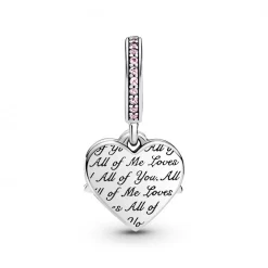 Pandora Charms<Charm Double Pendant Cœur gravé & Cœur Mum cristaux Rose Passions - Argent