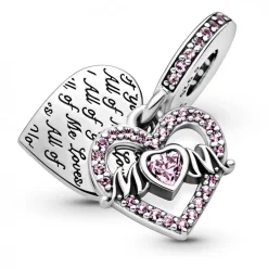 Pandora Charms<Charm Double Pendant Cœur gravé & Cœur Mum cristaux Rose Passions - Argent