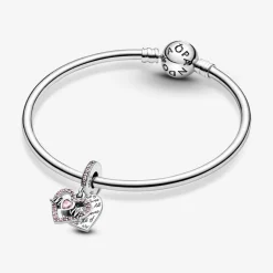 Pandora Charms<Charm Double Pendant Cœur gravé & Cœur Mum cristaux Rose Passions - Argent