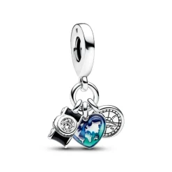 Pandora Charms<Charm Pendant Triple Appareil Photo, Cœur et Boussole