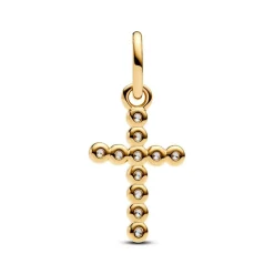 Pandora Charms<Charm pendante croix en métal doré à l’or fin 585/1000, serti d’un zircon cubique transparent