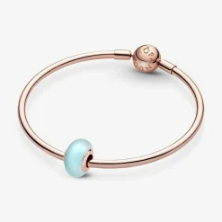 Pandora Charms<Charm Verre de Murano Bleu Mat Colours - noyau métal Doré à l'or Rose 585/1000e