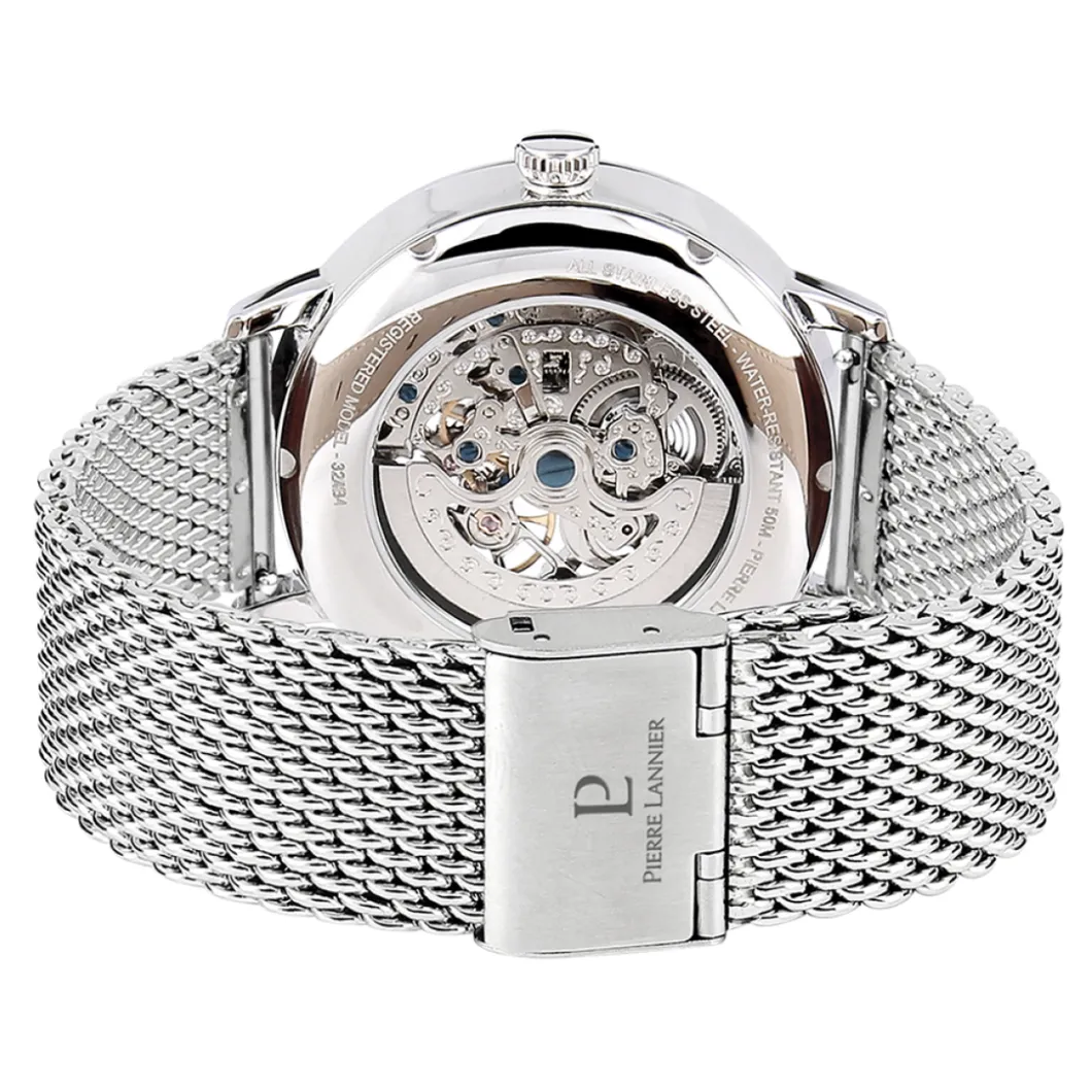 Pierre Lannier Montre Automatique|Montre Fabriquée En France<Coffret 391C168 - Montre automatic Boîtier acier poli cadran bleu index or rose romain Montres