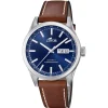 Lotus Montre Cuir<Montre L18671-3 - CLASSIQUE Dateur Boîtier Acier Argenté Bracelet Cuir Marron Cadran Bleu Homme