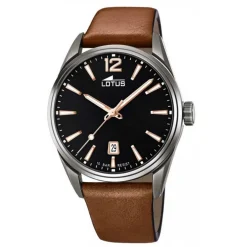 Lotus Montre Cuir<Montre L18685-2 - Dateur Bracelet Cuir Marron Cadran Noir Homme