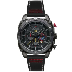 Avi-8 Montre Cuir<Montre pour homme Hawker Hunter Dual Time Chrono AV-4100-04 avec bracelet en cuir noir