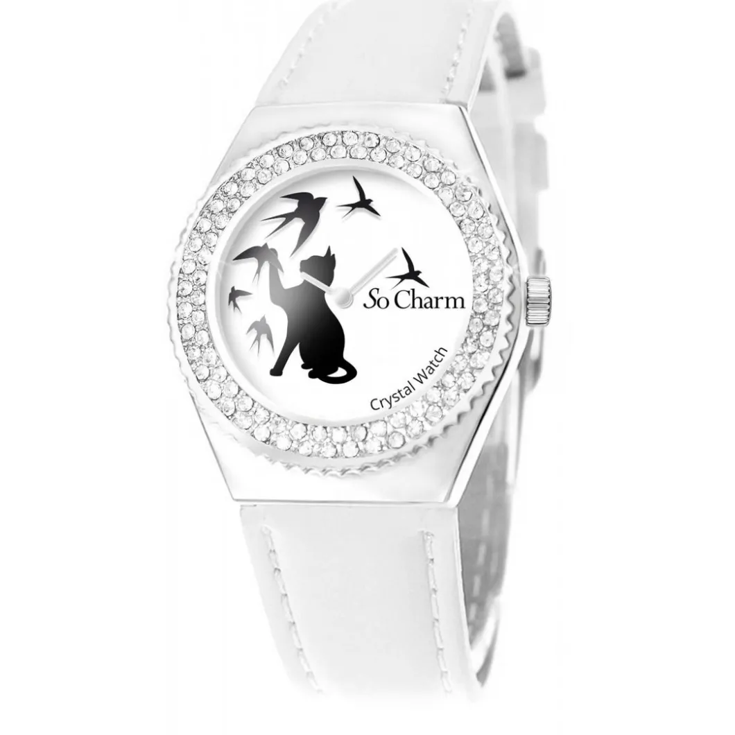 So Charm Montres Montre Cuir<Montre MF316-OISEAU-CHAT-BLANC - Montre Femme
