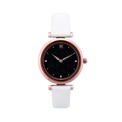 Trendy Kiss Montre Cuir<Montre TRG10122-01 - Héméra Cuir Blanc Boitier Acier Doré Rose Cadran Ciel Noir Femme